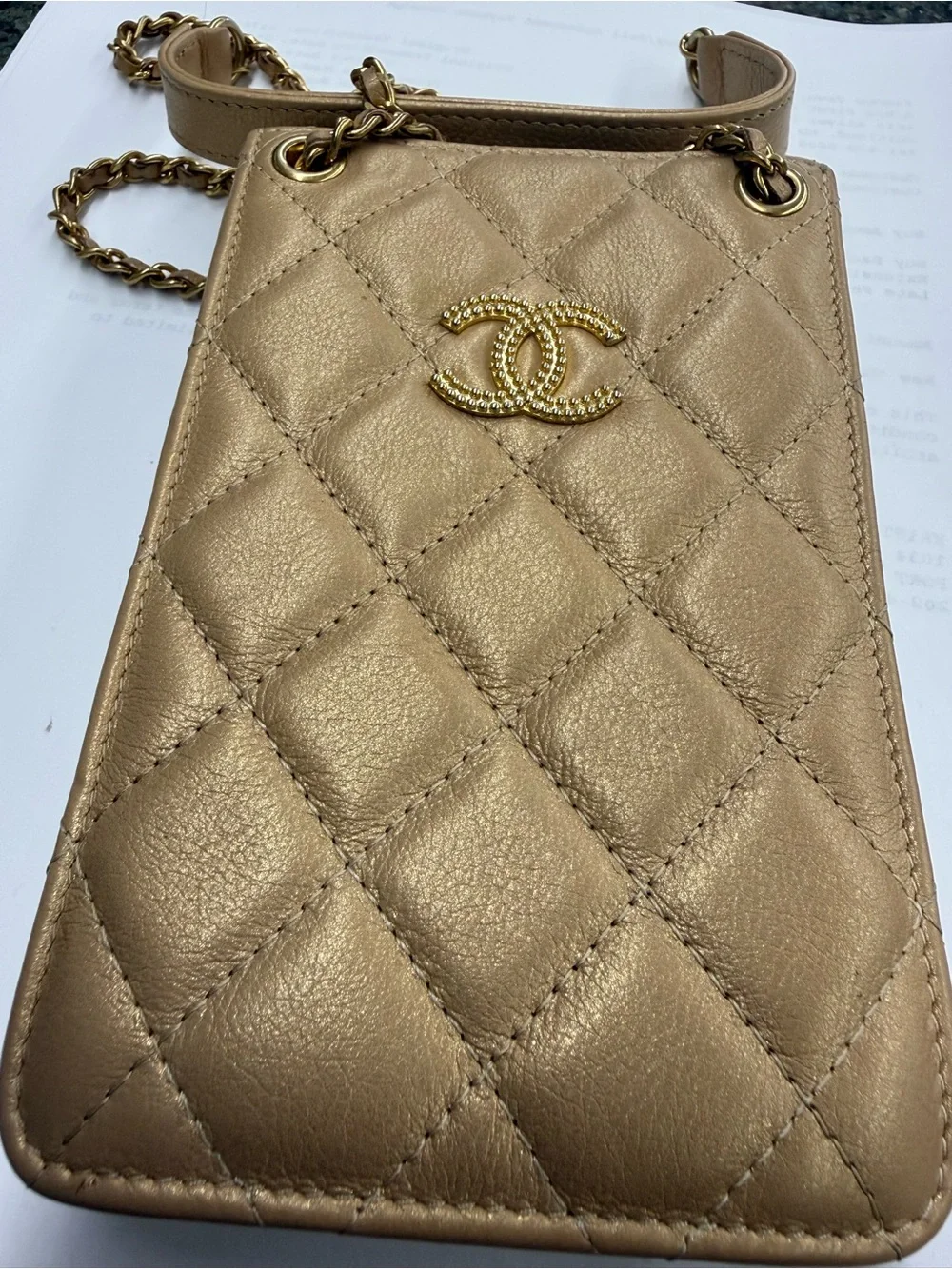 CHANEL Gold Quilted Leather Crossbody Pouch with Chain